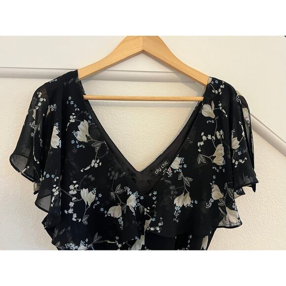 City Chic Floral V-Neck Midi Dress Womens 18 Whimsigoth Fairy Cottagecore Black - Picture 6 of 16